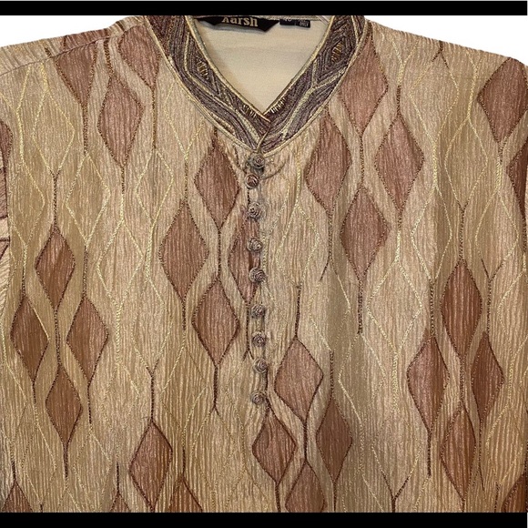 Men's Beige & Brown Indian Churidar / Salwaar Kameez Kurta - Picture 3 of 8